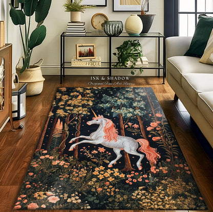 Whimsical Floral Unicorn Runner Rug Woodland Magical Folklore Aesthetic | Mythical Creatures Enchanted Forest Boho Dark Cottagecore Decor