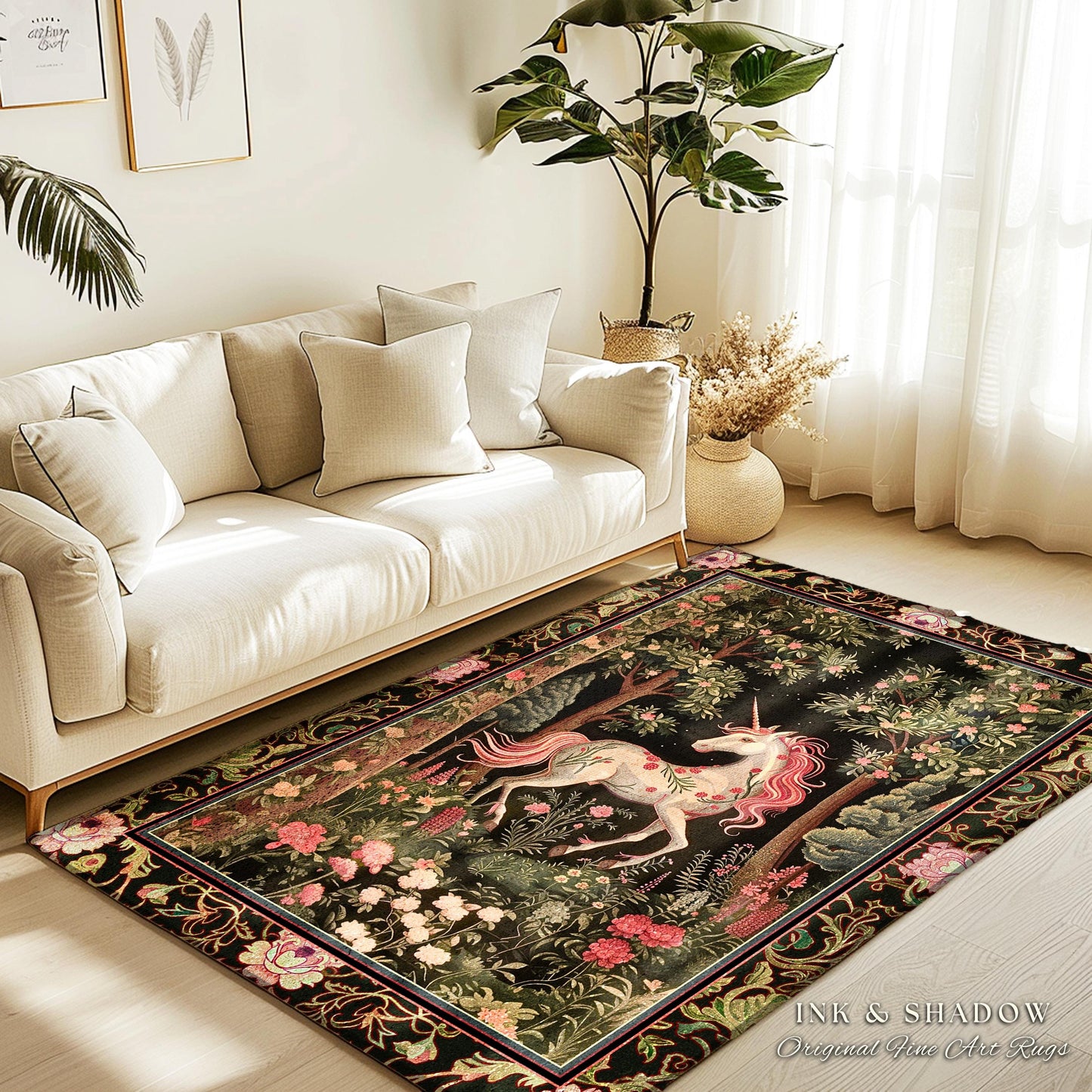 Enchanted Forest Unicorn Floral Runner Rug Mystical Medieval Style Romantic Renaissance Baroque Art, Vintage Fairycore Wildflower Home Decor