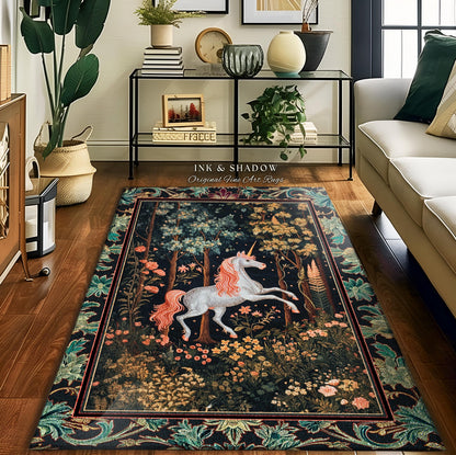 Mystical Woodland Unicorn Runner Rug Whimsical Fairycore Romantic Baroque Aesthetic | Enchanted Forest Art Renaissance Cottagecore Accent