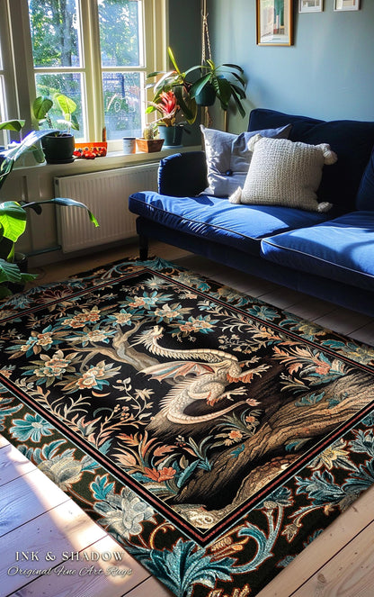 Dark Nature Enchanting Dragon Art Exotic Home Decor Mystical Fantasy Dragon Runner Rug | Ethereal Woodland Magical Creature Goblincore Rugs