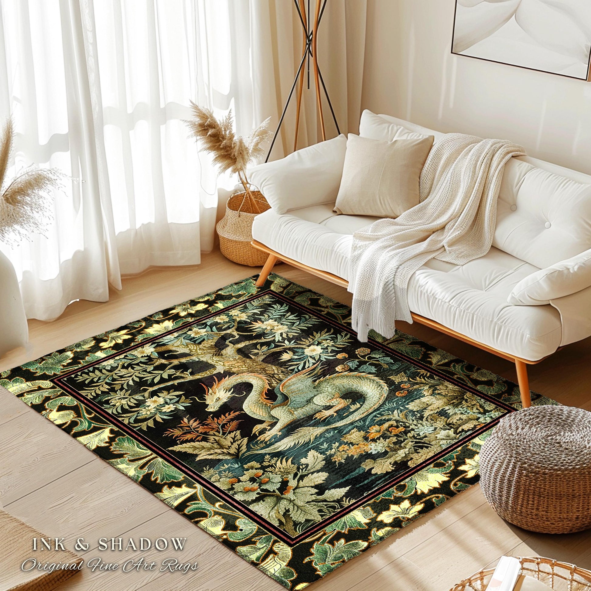 Mystical Fantasy Dragon Rug Runner Enchanting Dark Nature | Ancient Aesthetic Chinese Dragon Art Decor Ethereal Dragon Decoration Forestcore