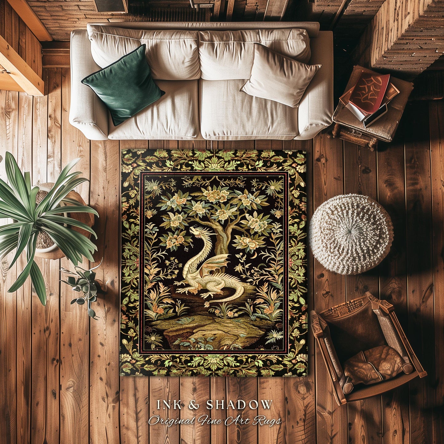 Woodland Gothic White Dragon Round Area Rug Enchanted Forest Decor | Mystical Dark Academia Whimsical Fantasy Forestcore Dark Nature Decor