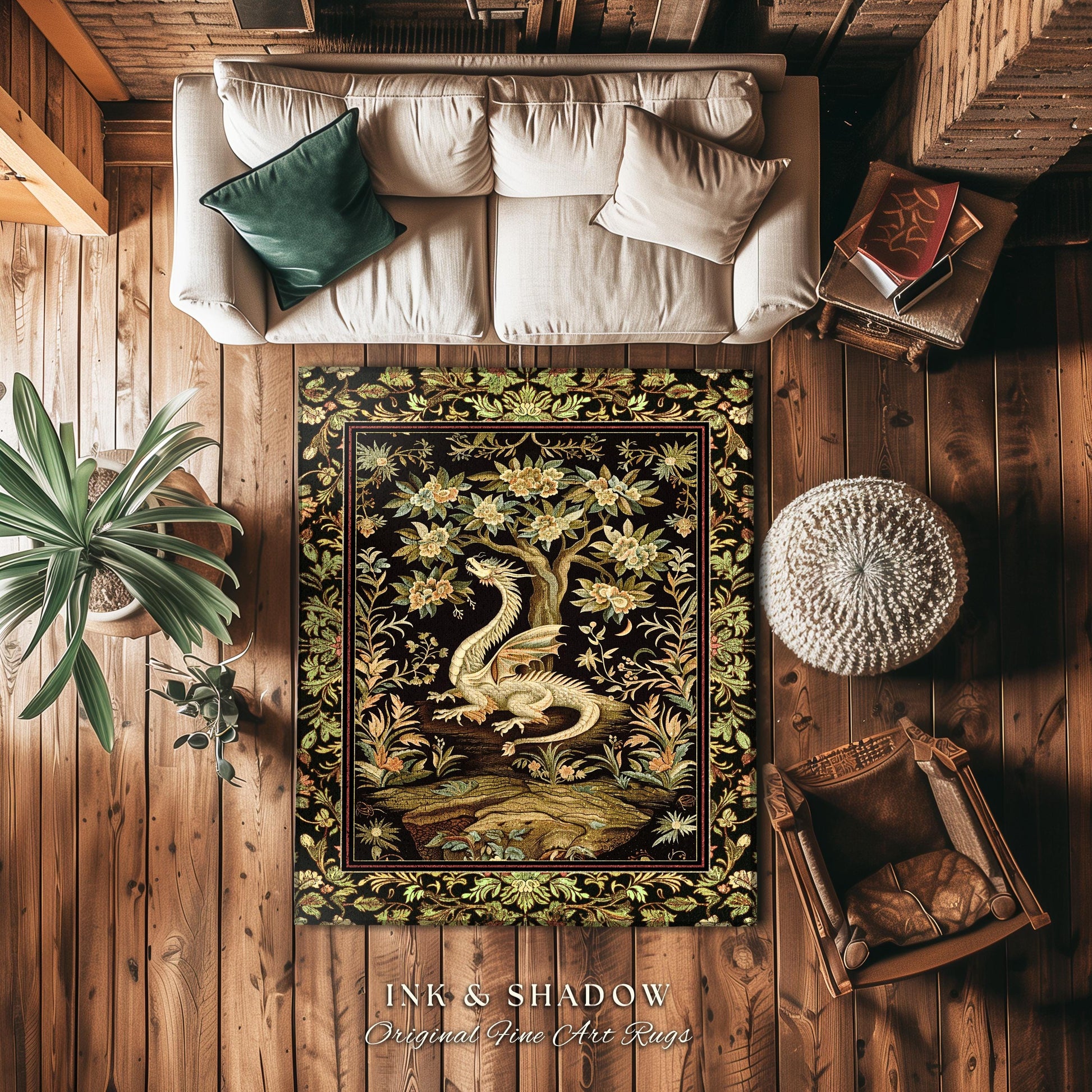 Woodland Gothic White Dragon Round Area Rug Enchanted Forest Decor | Mystical Dark Academia Whimsical Fantasy Forestcore Dark Nature Decor
