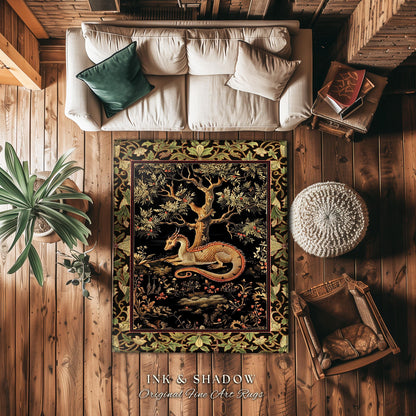 Bohemian Dragon Rug Artistic Escape Academia Baroque Inspired Runner | Ethereal Gothic Enchanting Mystical Art Nouveau Antique Style Decor