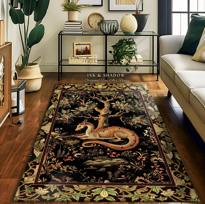 Bohemian Dragon Rug Artistic Escape Academia Baroque Inspired Runner | Ethereal Gothic Enchanting Mystical Art Nouveau Antique Style Decor