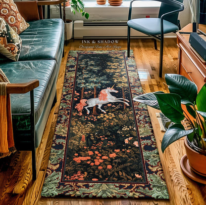 Mystical Woodland Unicorn Runner Rug Whimsical Fairycore Romantic Baroque Aesthetic | Enchanted Forest Art Renaissance Cottagecore Accent