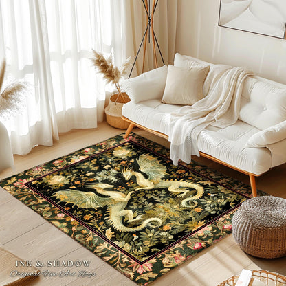Ornate Antique Gold Folklore Aesthetic Baroque Dragon Round Area Rug | Enchanting Art Deco Goth Decor Maximalist Fantasy Mystic Home Accent
