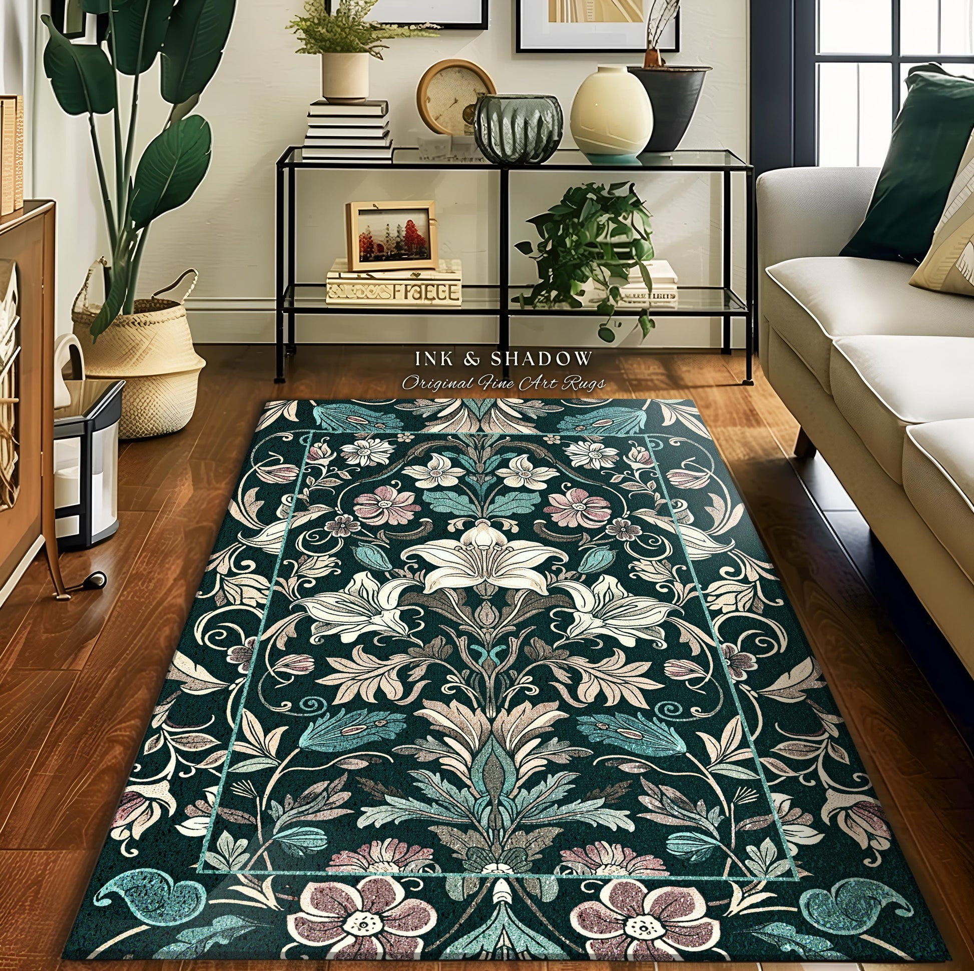 Trendy Florals Elegant Accent Rug | Ornate Botanical Folklore Inspired Dark Academia Teal Area Rug Romantic Opulence Vintage Cottagecore Art