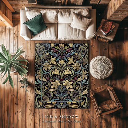 Whimsical Farmhouse Elegance Retro Art Nouveau Runner Antique Pattern Rug | Vintage Aesthetic Victorian Gothic Floral Dark Botanical Decor