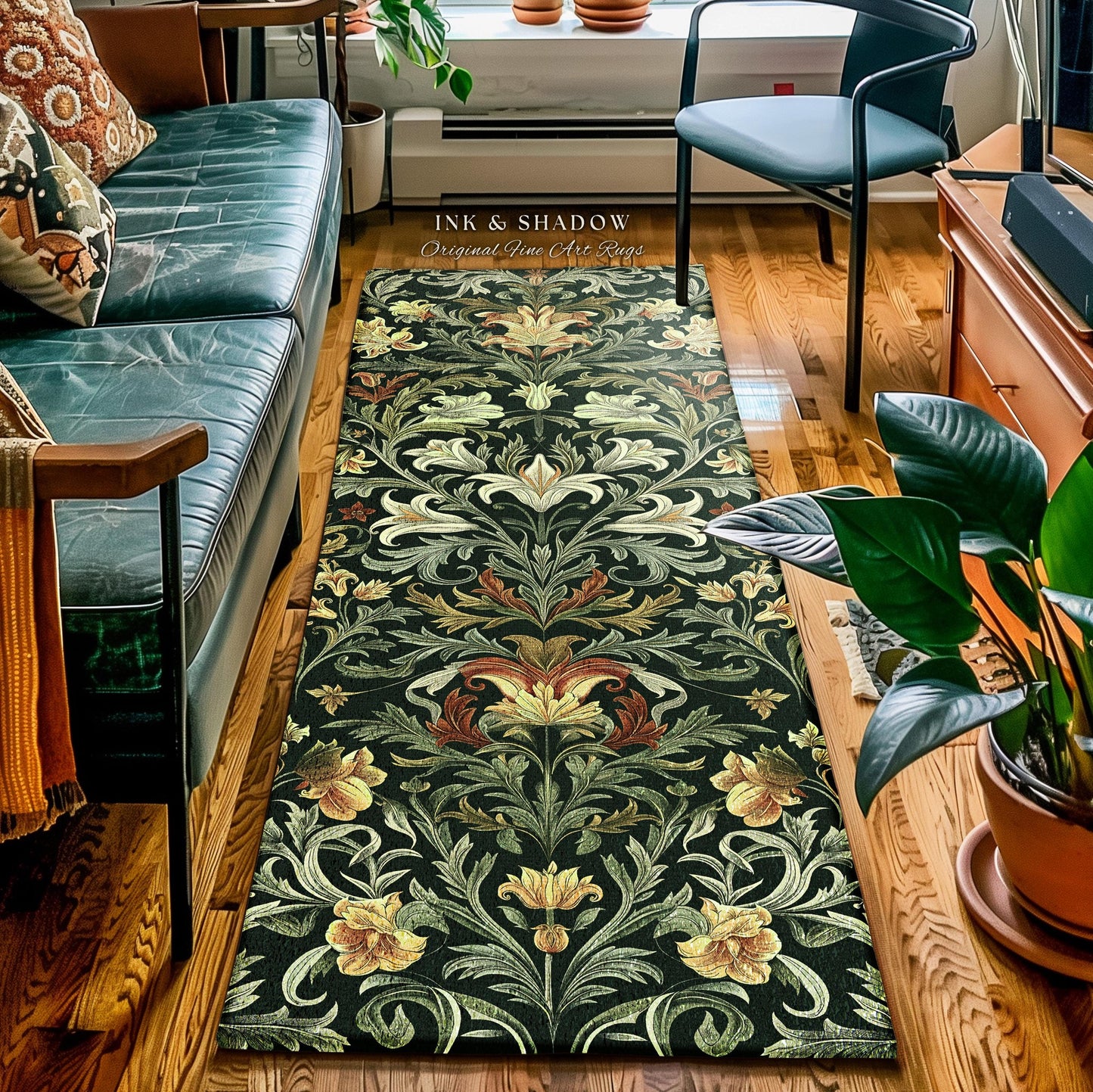 Emerald Green Floral Dark Botanical Runner Art Deco Rug Whimsical Cottagecore Home Decor | Elegant Nature Inspired Woodland Wildflower Rug