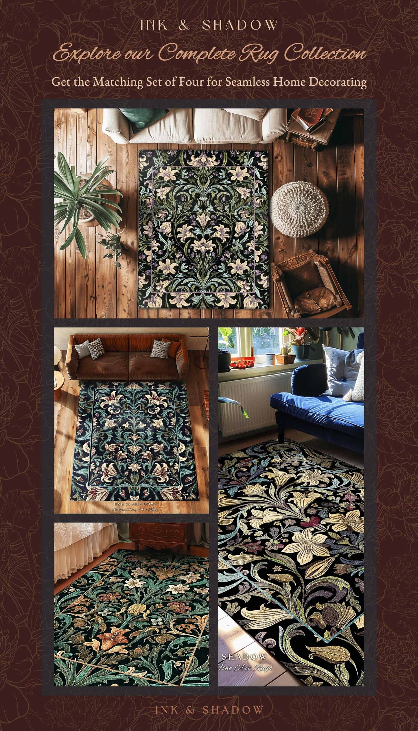 Whimsical Farmhouse Elegance Retro Art Nouveau Runner Antique Pattern Rug | Vintage Aesthetic Victorian Gothic Floral Dark Botanical Decor