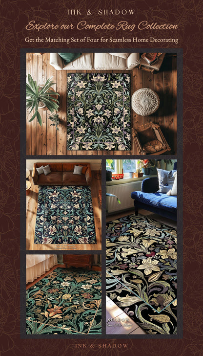 Whimsical Farmhouse Elegance Retro Art Nouveau Runner Antique Pattern Rug | Vintage Aesthetic Victorian Gothic Floral Dark Botanical Decor