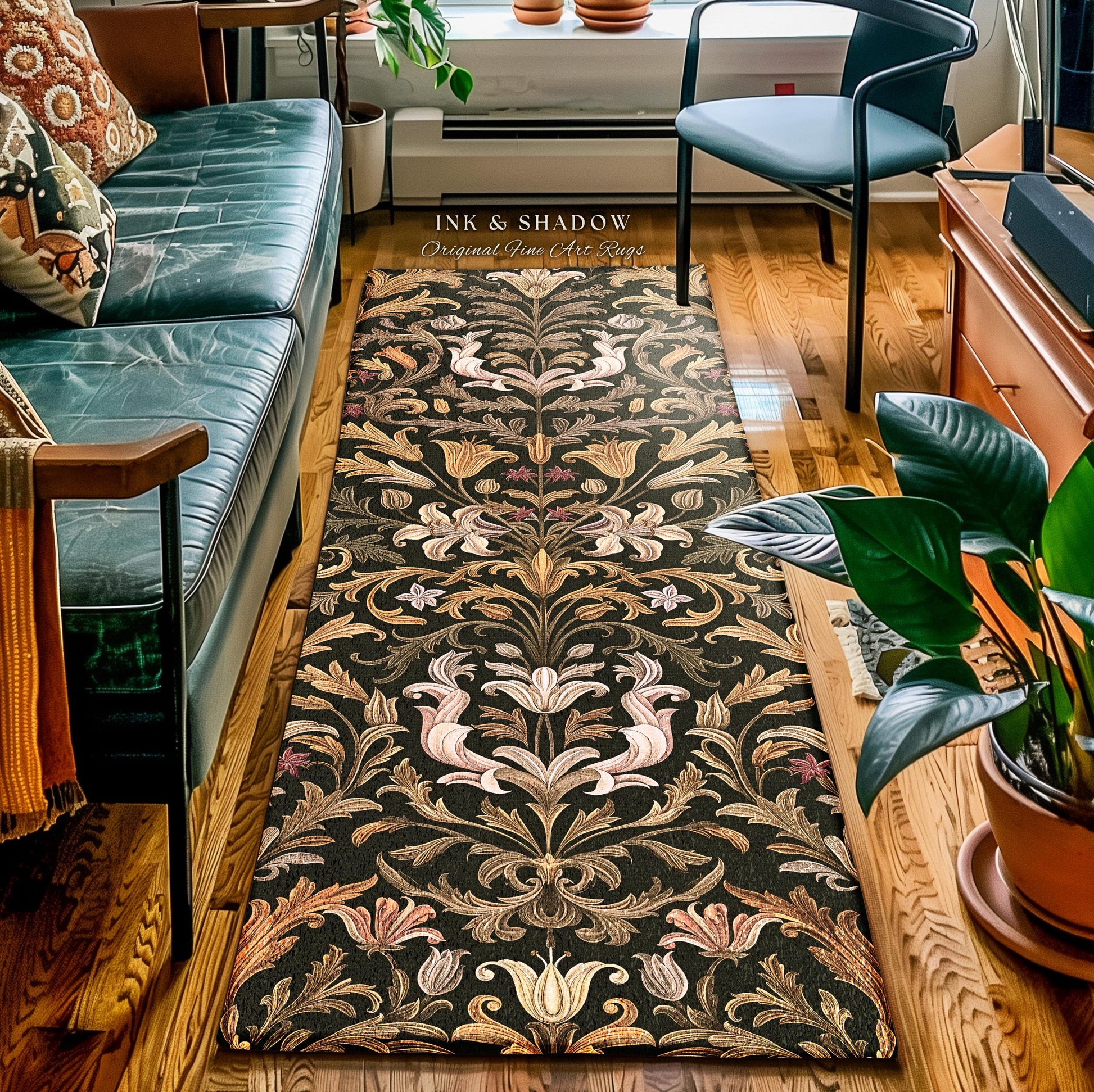 Ornate Baroque Elegance Floral Runner Antique Gold Art Nouveau Botanical Rug | Dark Academia Vintage Decor Victorian Whimsigothic Art Rug