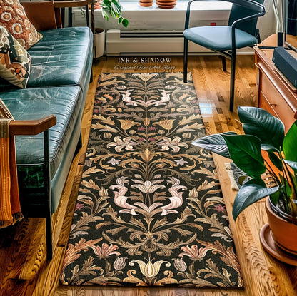 Antique Gold Baroque Floral Rug Victorian Gothic Decor | Whimsigothic Romantic Aesthetic Elegant Botanical Pattern Dark Academia Runner Rug