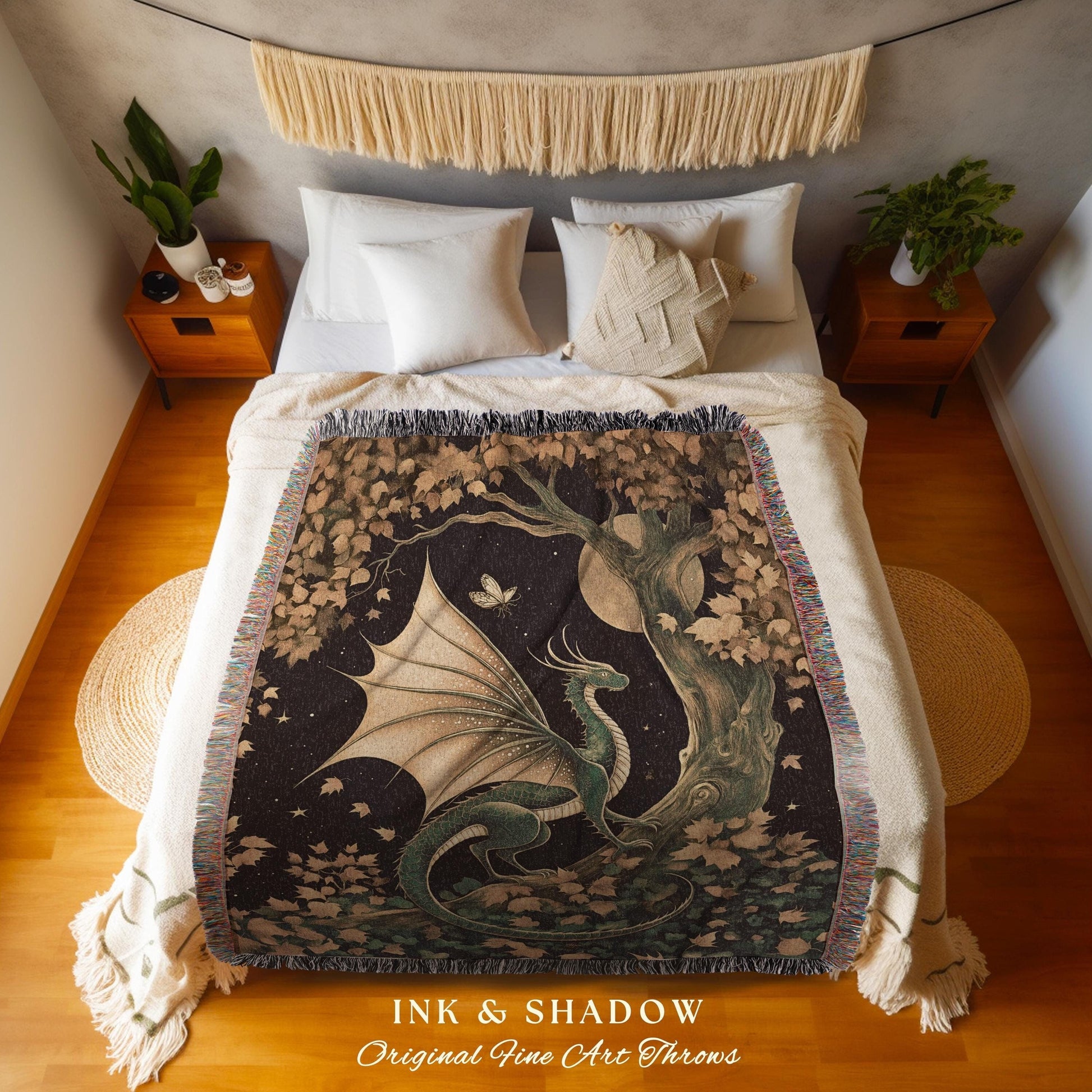 Gilded Hygge Antique Mystical Dragon Blanket Moonlit Forest Fantasy Art Throw | Vintage Celestial Romantic Baroque Woodland Gothic Tapestry