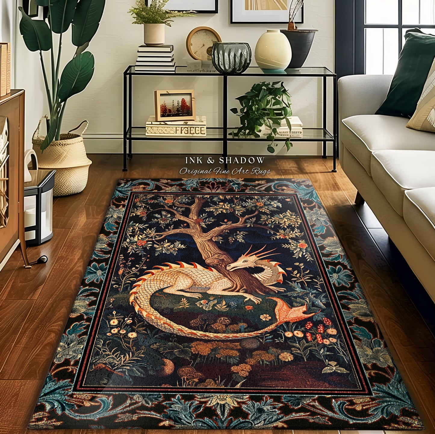 Baroque Victorian Gothic Woodland Dragon Area Rug Floral Folklore Aesthetic | Dark Botanical Goblincore Antique Cottagecore Mythical Decor