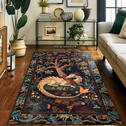 Baroque Victorian Gothic Woodland Dragon Area Rug Floral Folklore Aesthetic | Dark Botanical Goblincore Antique Cottagecore Mythical Decor