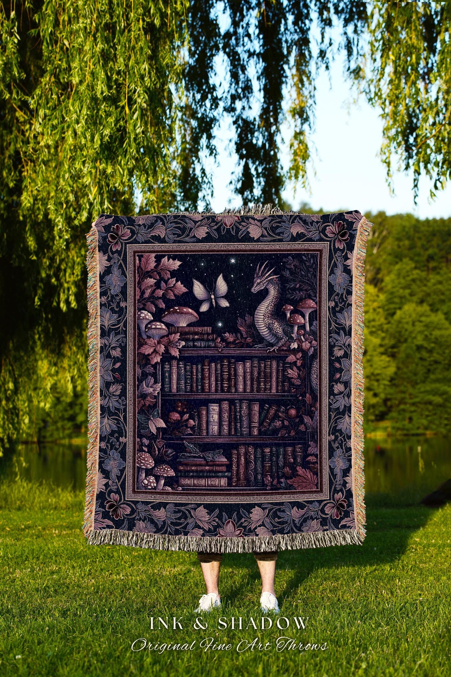 Fairytale Books & Dragon Blanket Mystical Cottagecore Purple Throw | Whimsical Witchy Reading Nook Tapestry Enchanted Victorian Academia Art