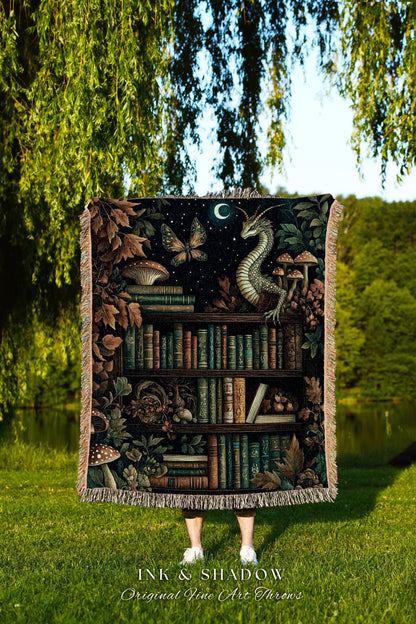 Whimsical Fantasy Bookshelf Enchanted Forest Fairycore Dragon Blanket | Romantic Academia Woodland Fairytale Tapestry Throw Bookish Bedding