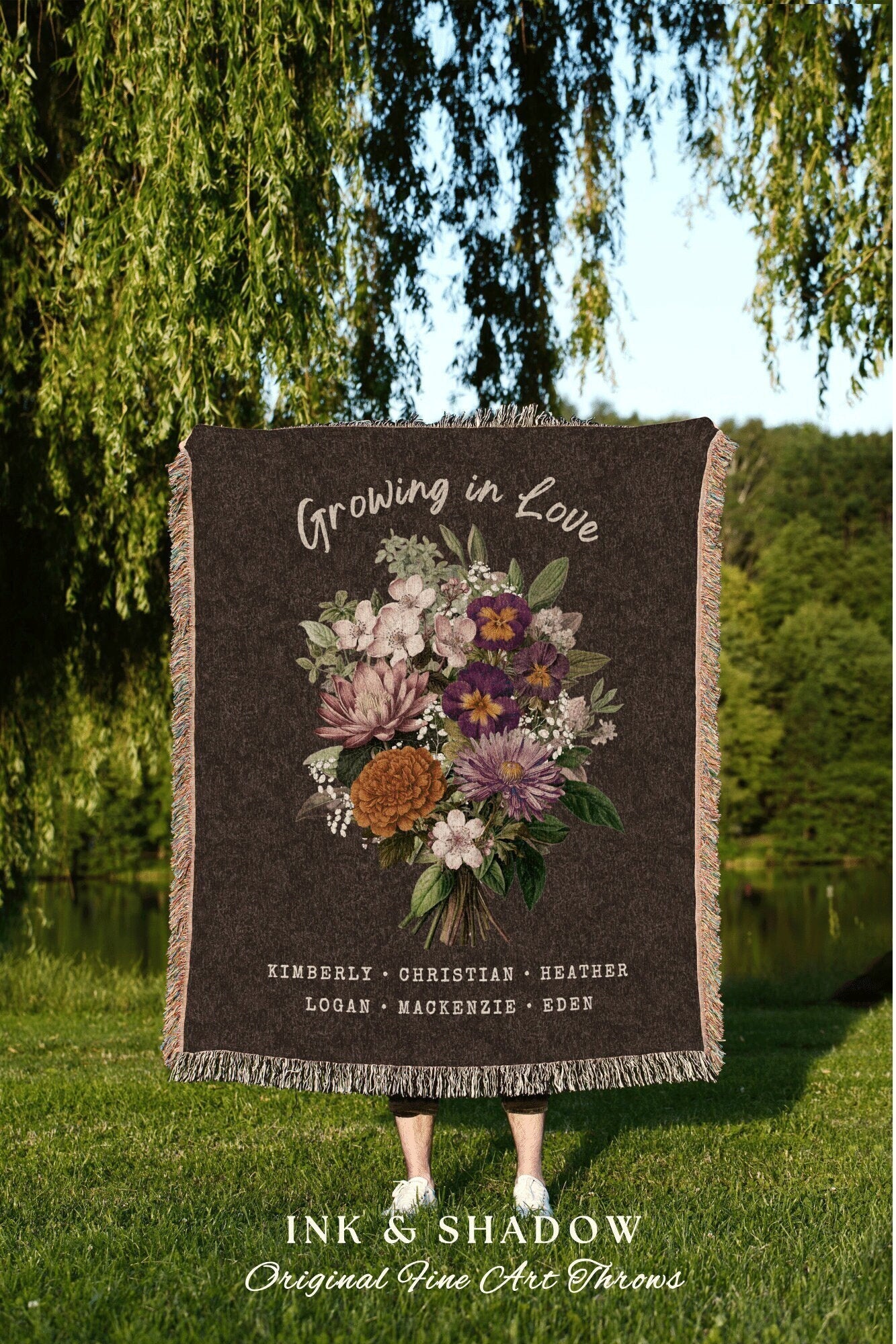 Vintage Custom Birth Flower Bouquet Blanket Personalized Family Keepsake Gift for Mom Garden Birth Flowers Grandmas Garden Throw Family Gift