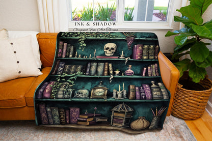 Witchy Bookcase Blanket | Goth Home Decor Dark Academia Book Lovers Gift Witchy Room Decor Vintage Book Lover Bookshelf Whimsigoth Blanket