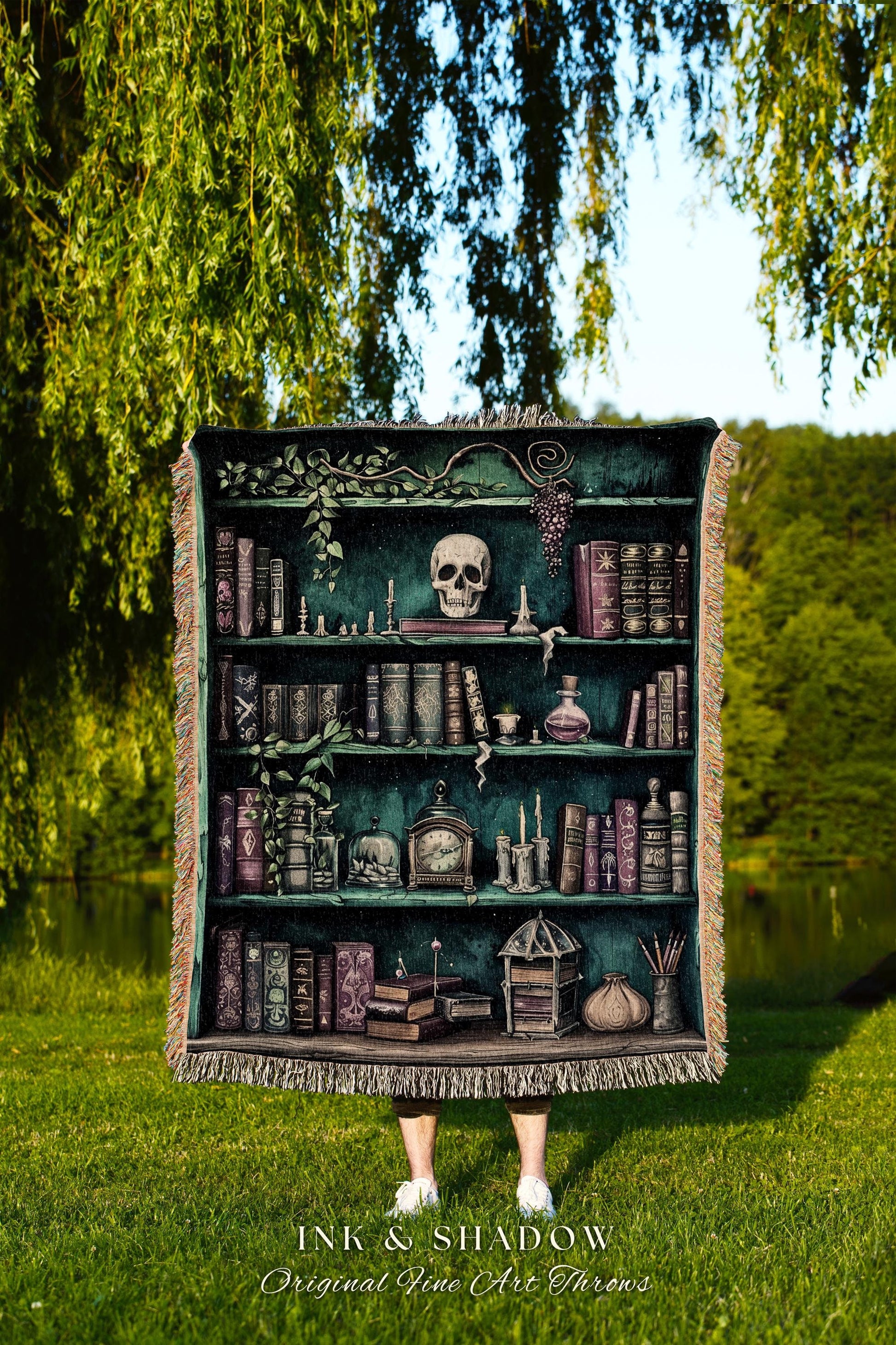 Witchy Bookcase Blanket | Goth Home Decor Dark Academia Book Lovers Gift Witchy Room Decor Vintage Book Lover Bookshelf Whimsigoth Blanket