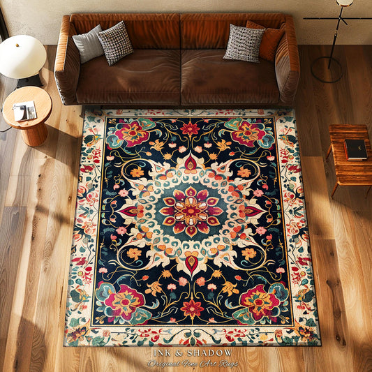 Bohemian Inspired Area Rug | Cottagecore Ornate Boho Bedroom Rug Pink Aesthetic Living Room Home Accent Rug Multicolored Hippie Room Decor |