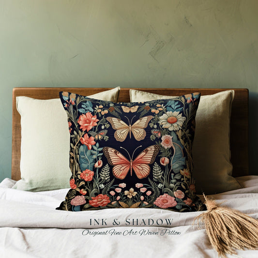 Maximalist Butterfly Accent Pillow | Woodland Maximalist Cushion Woven Decor William Morris Style Cottagecore Bedroom Dark Academia Moth Art