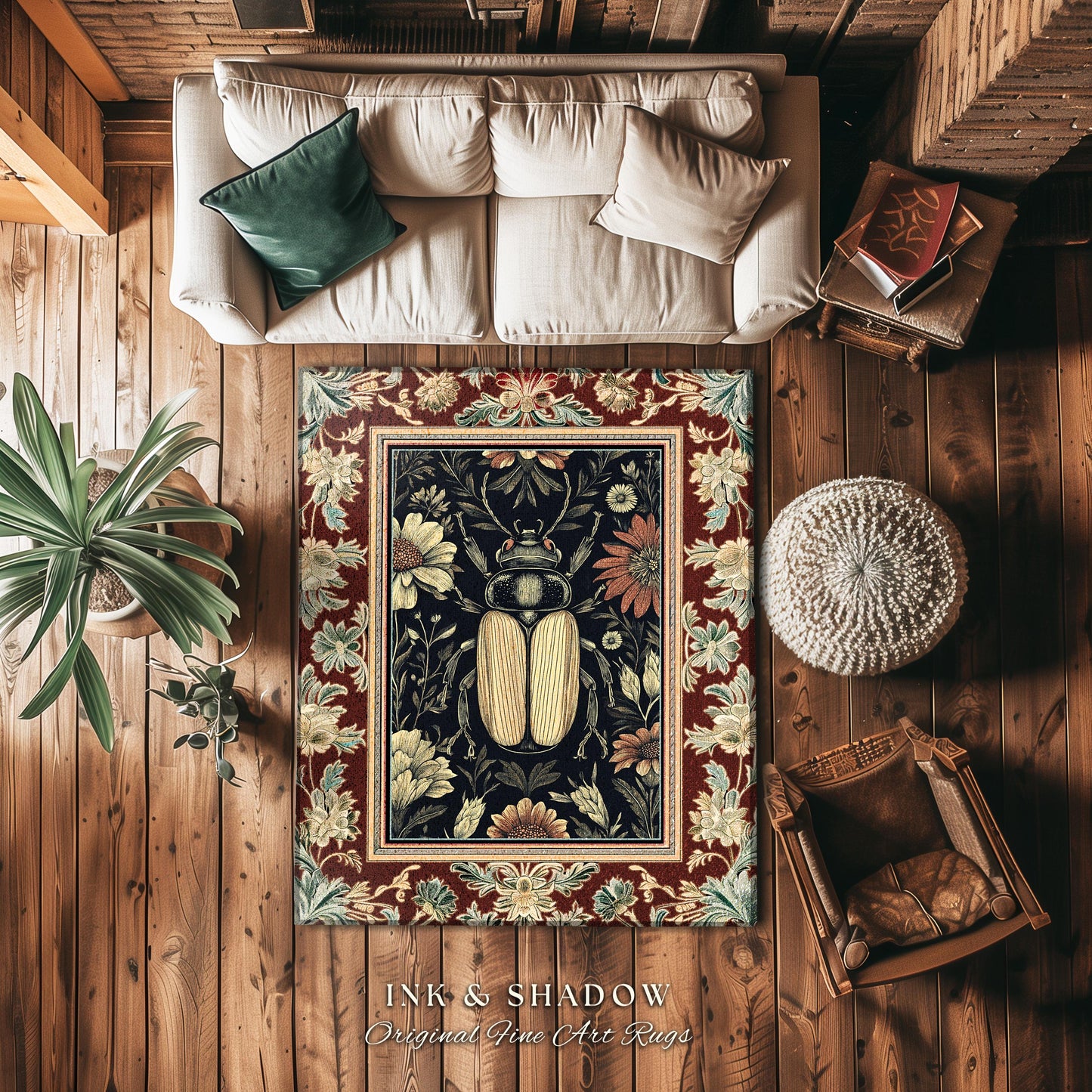 Whimsigoth Beetle Baroque Art Rug Victorian Gothic Home Decor | Dark Cottagecore Botanical Bug Rug Whimsical Oddities Curiosity Ornate Decor