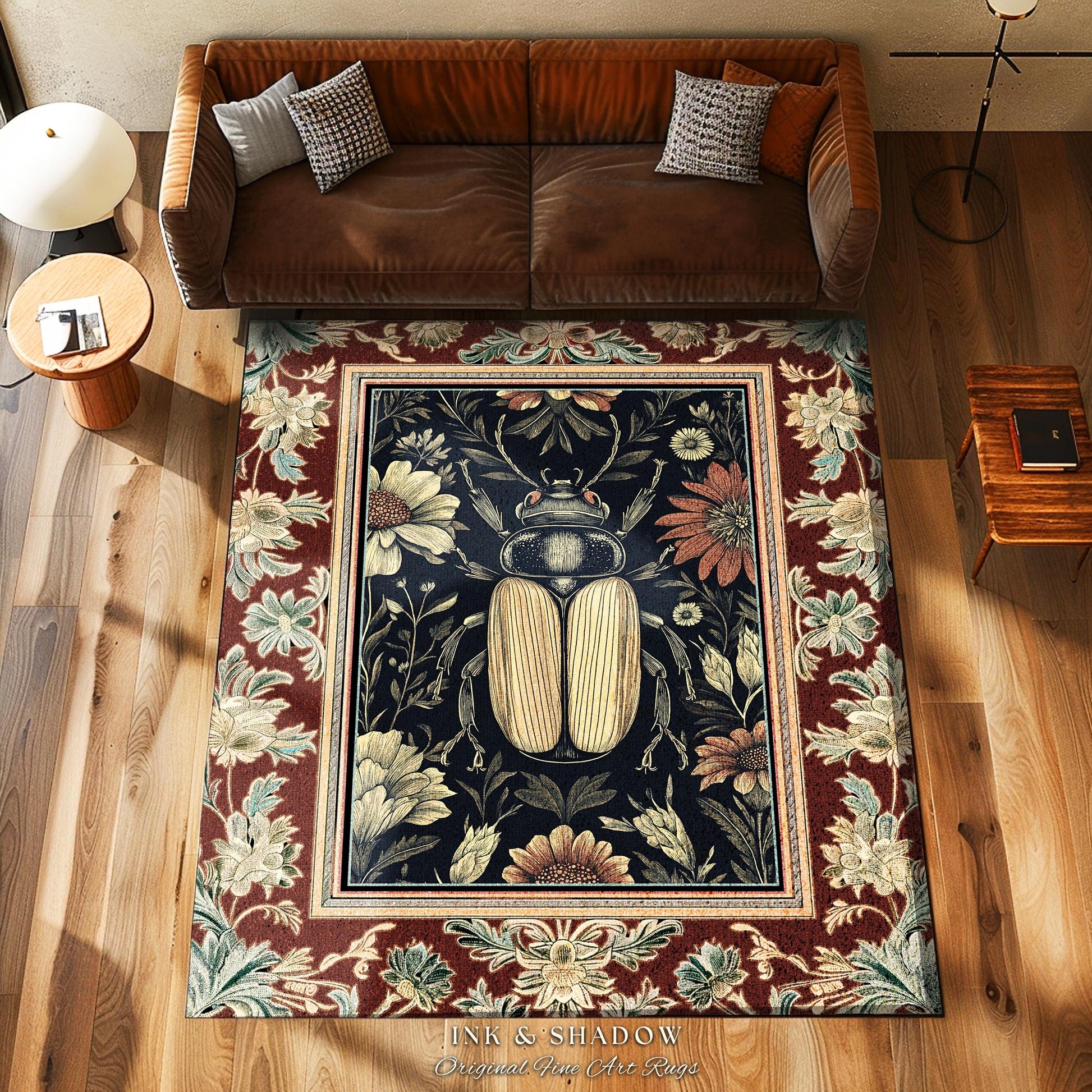 Whimsigoth Beetle Baroque Art Rug Victorian Gothic Home Decor | Dark Cottagecore Botanical Bug Rug Whimsical Oddities Curiosity Ornate Decor