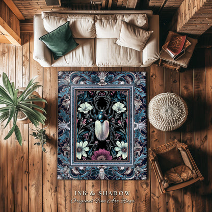 Victorian Gothic Scarab Beetle Rug Enchanted Dark Botanical | Whimsigothic Floral Art Nouveau Fairycore Cottagegoth Indigo Blue Insect Decor