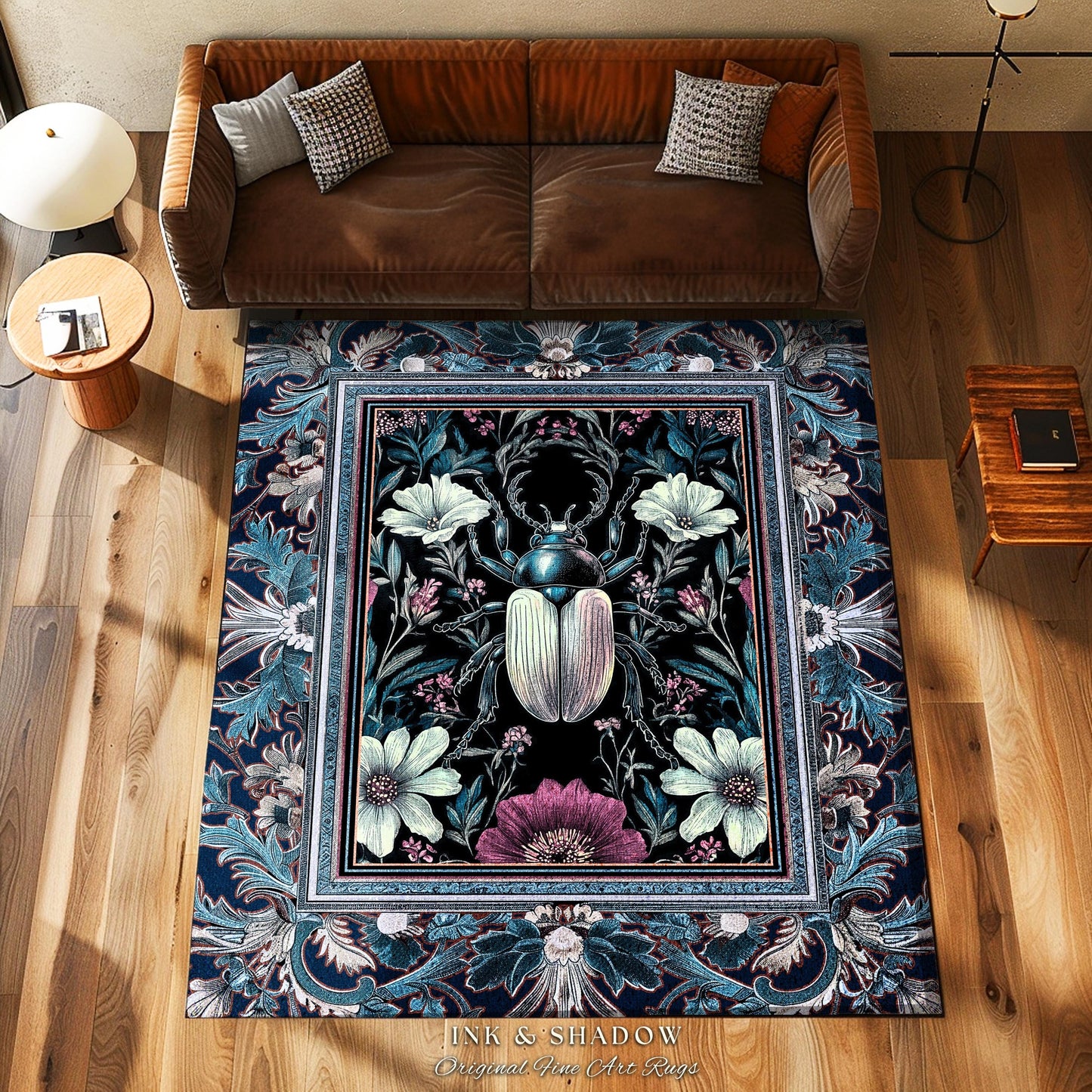 Victorian Gothic Scarab Beetle Rug Enchanted Dark Botanical | Whimsigothic Floral Art Nouveau Fairycore Cottagegoth Indigo Blue Insect Decor