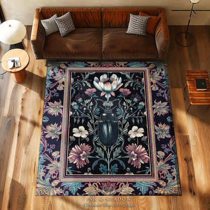 Witchy Whimsigothic Scarab Beetle Rug Enchanted Dark Academia Decor, Mystical Floral Art Victorian Gothic Cottagecore Bug Botanical Accent