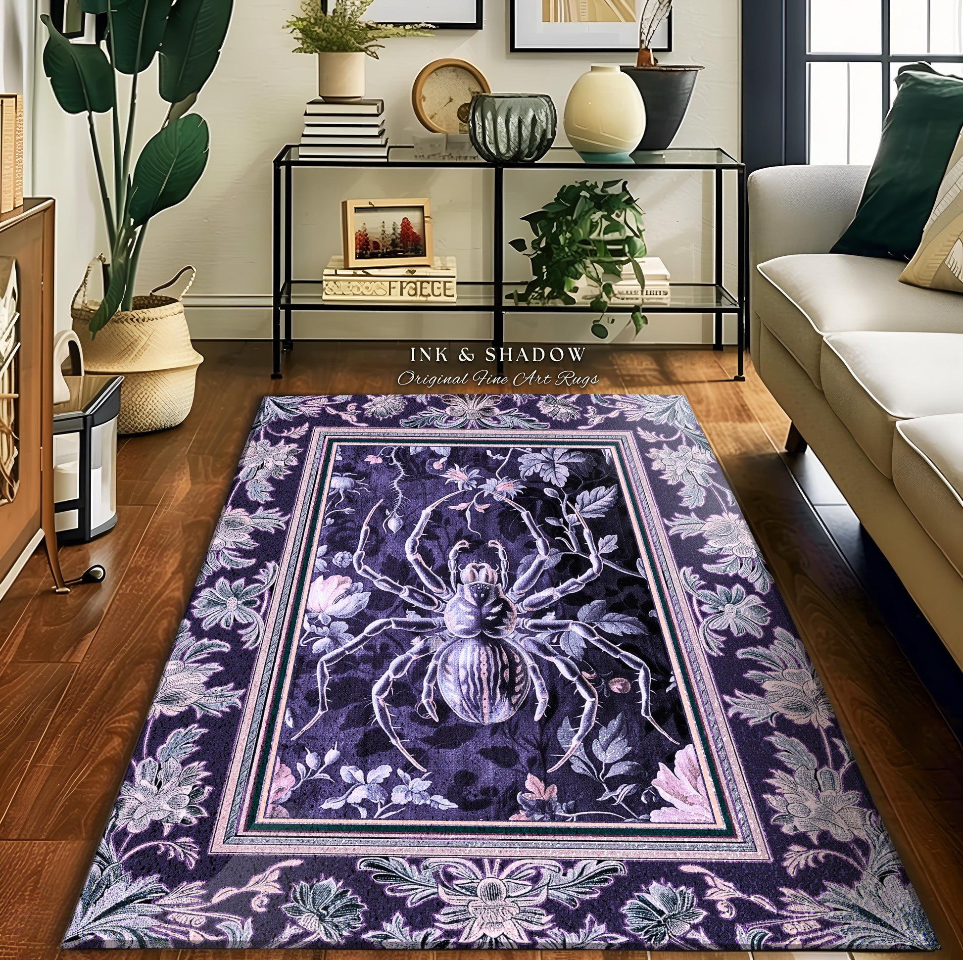 Whimsigothic Purple Spider Rug | Pastel Gothic Victorian Cottagecore Home Decor Witchy Whimsical Enchanted Nature Amethyst Home Accent |
