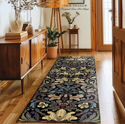 Whimsical Farmhouse Elegance Retro Art Nouveau Runner Antique Pattern Rug | Vintage Aesthetic Victorian Gothic Floral Dark Botanical Decor