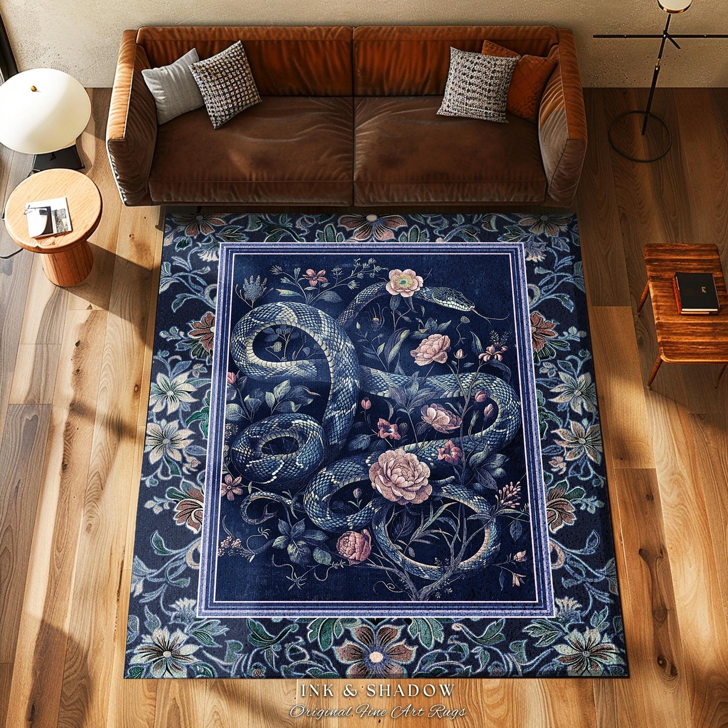 Midnight Blue Dark Floral Serpent Rug Whimsical Vintage Botanical Snake Fairycore | Victorian Gothic Mystic Macabre Art Enchanted Forestcore