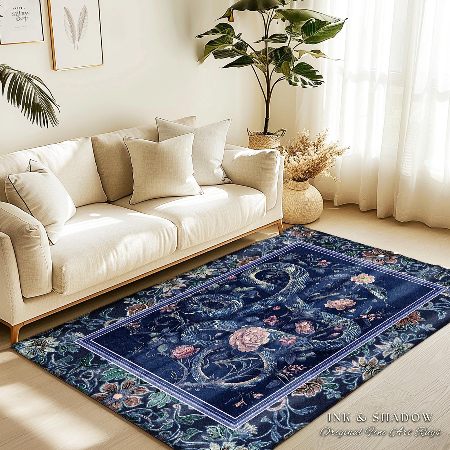 Midnight Blue Dark Floral Serpent Rug Whimsical Vintage Botanical Snake Fairycore | Victorian Gothic Mystic Macabre Art Enchanted Forestcore