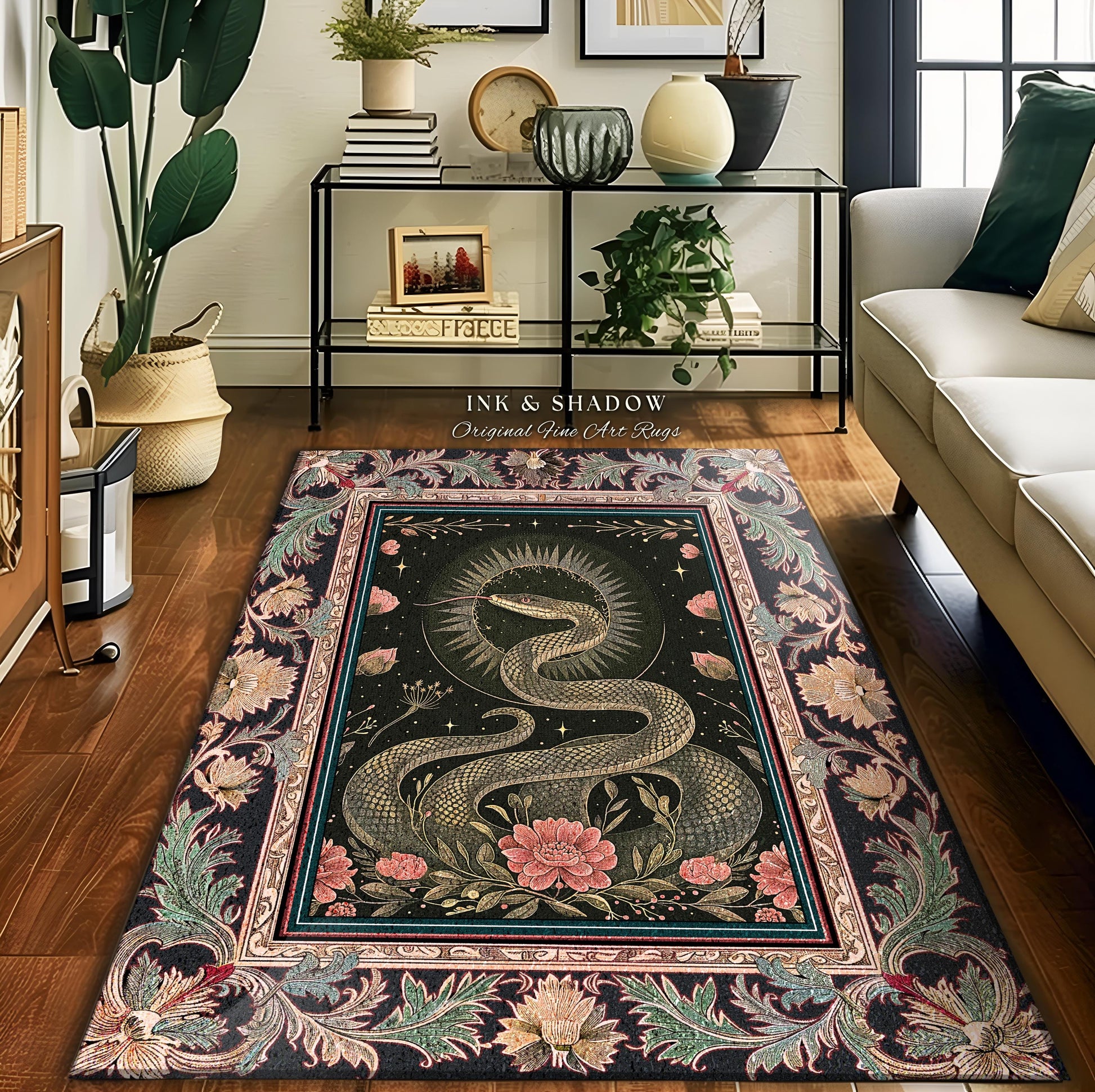 Victorian Rose Serpent Rug Romantic Cottagecore Floral Decor | Enchanted Baroque Snake Art Dark Academia Gothic Pink Fairycore Goblincore