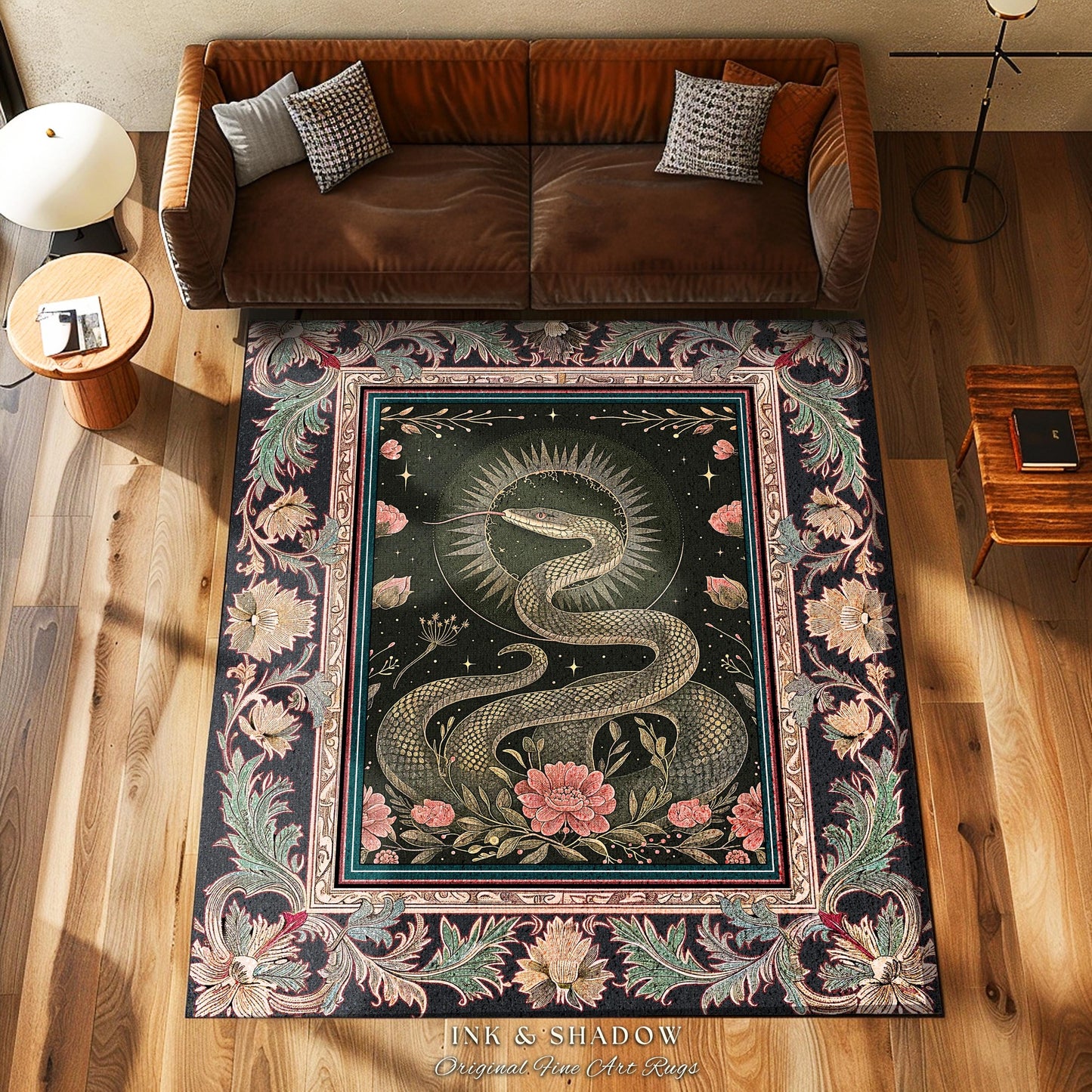 Victorian Rose Serpent Rug Romantic Cottagecore Floral Decor | Enchanted Baroque Snake Art Dark Academia Gothic Pink Fairycore Goblincore