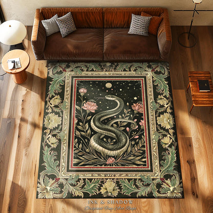 Celestial Serpent Rug Enchanted Floral Gothic Decor | Mystical Moonlit Forest Medieval Snake Art Dark Academia Vintage Baroque Home Accent