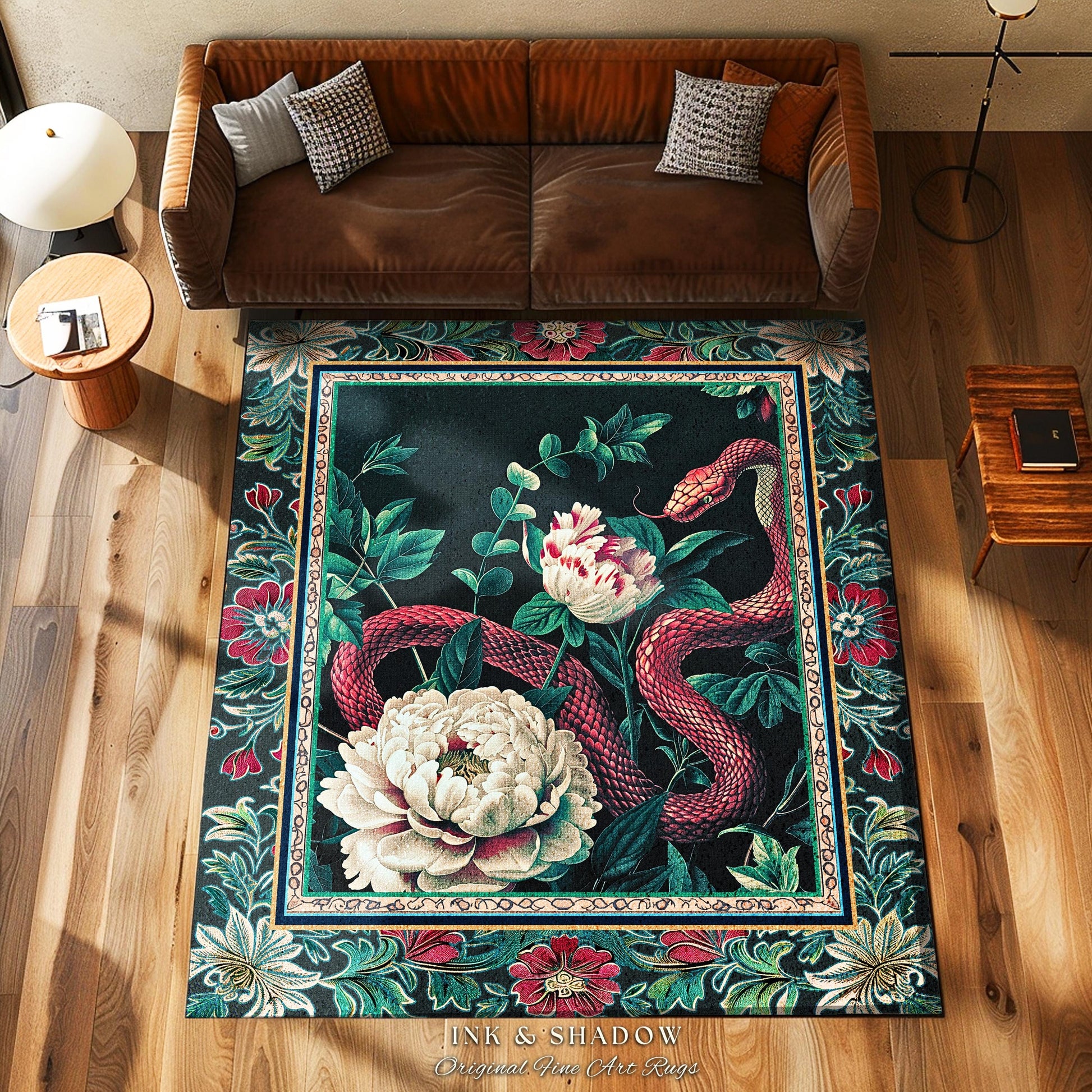 Enchanted Forest Snake Rug Dark Woodland Floral Gothic Decor | Mystical Cottagecore Aesthetic Vintage Serpent Medieval Charm Renaissance Art