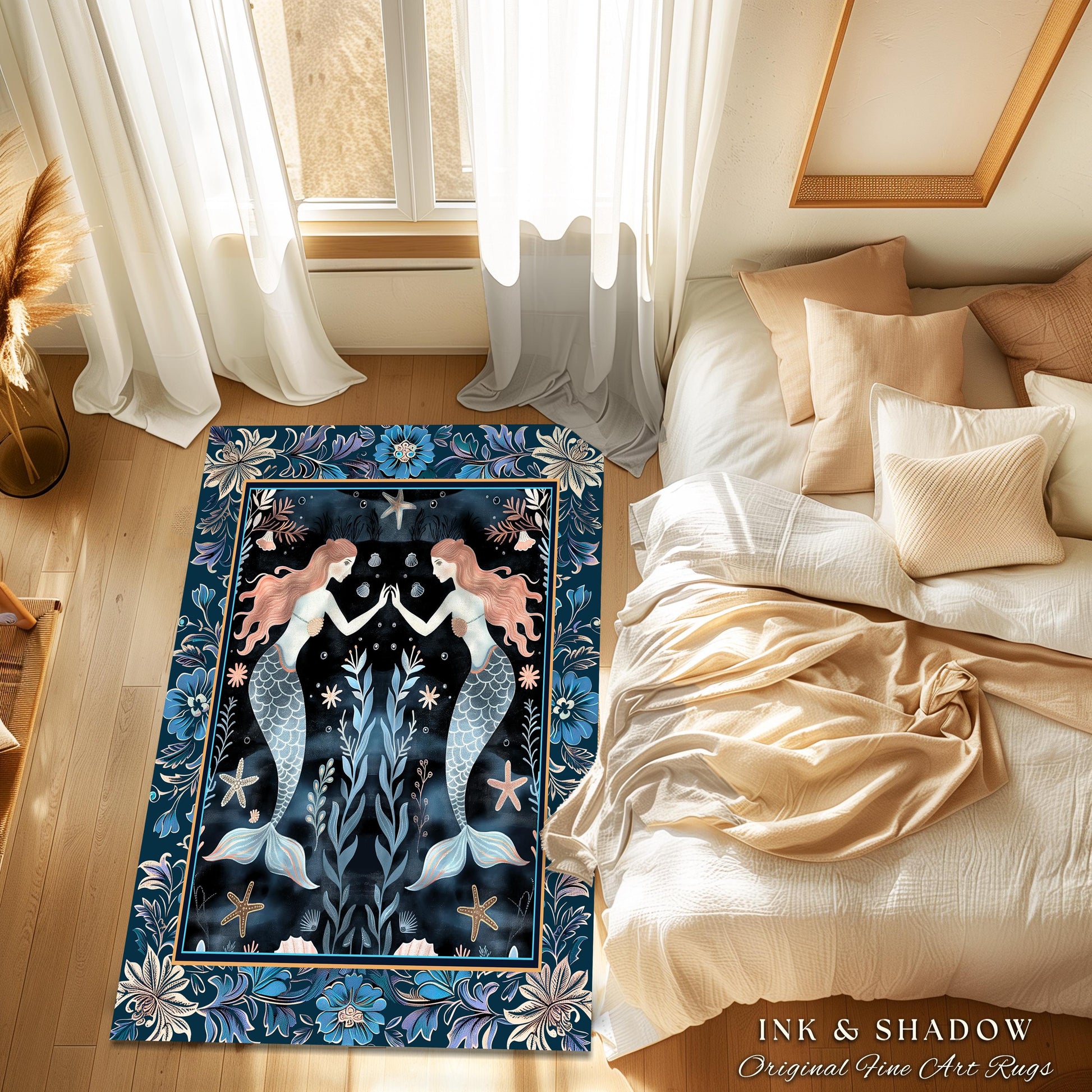 Mystical Midnight Blue Mermaid Rug Floral Oceanic Decor, Art Nouveau Coastal Cottagecore Whimsical Sea Nymph Enchanted Nautical Fantasy Rug