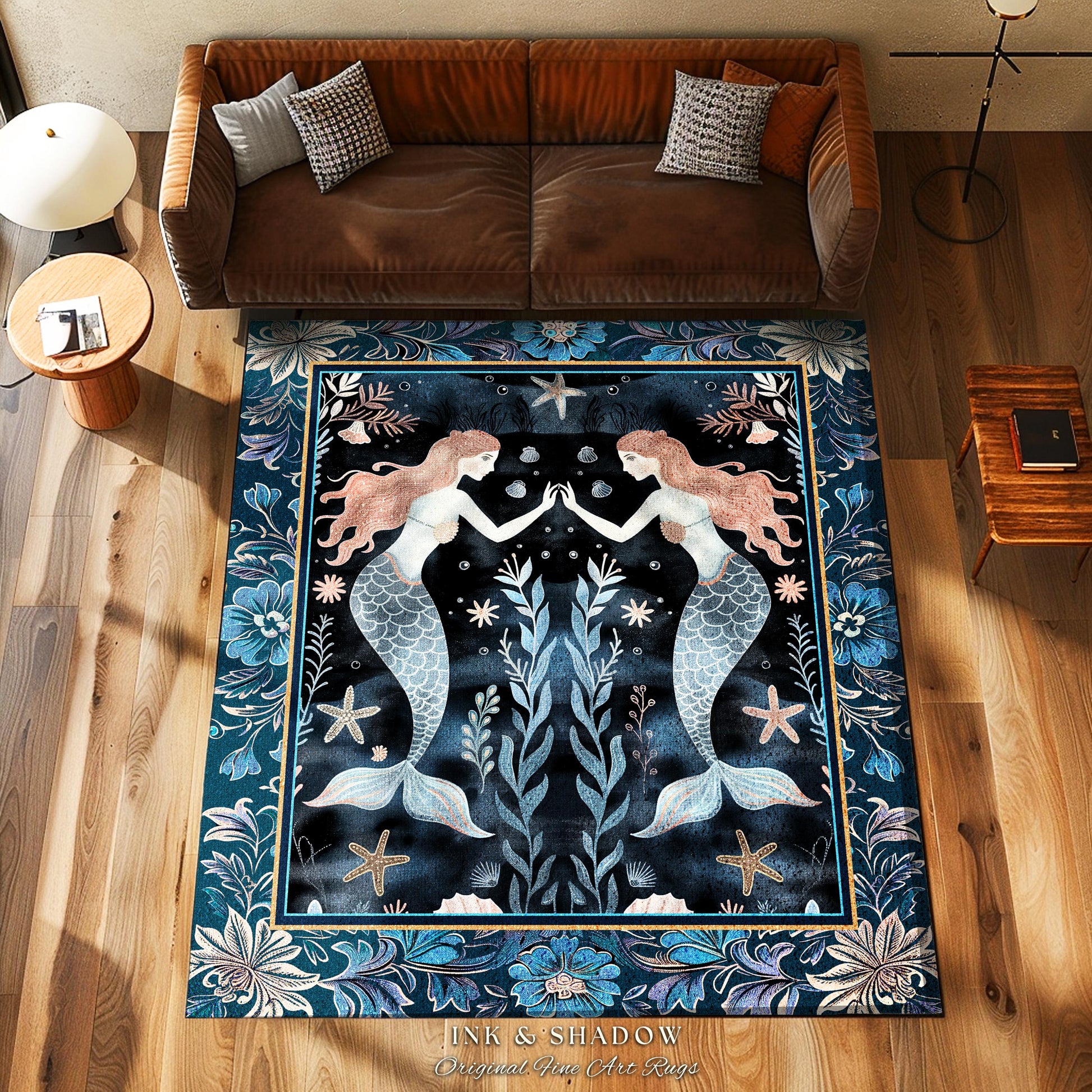 Mystical Midnight Blue Mermaid Rug Floral Oceanic Decor, Art Nouveau Coastal Cottagecore Whimsical Sea Nymph Enchanted Nautical Fantasy Rug