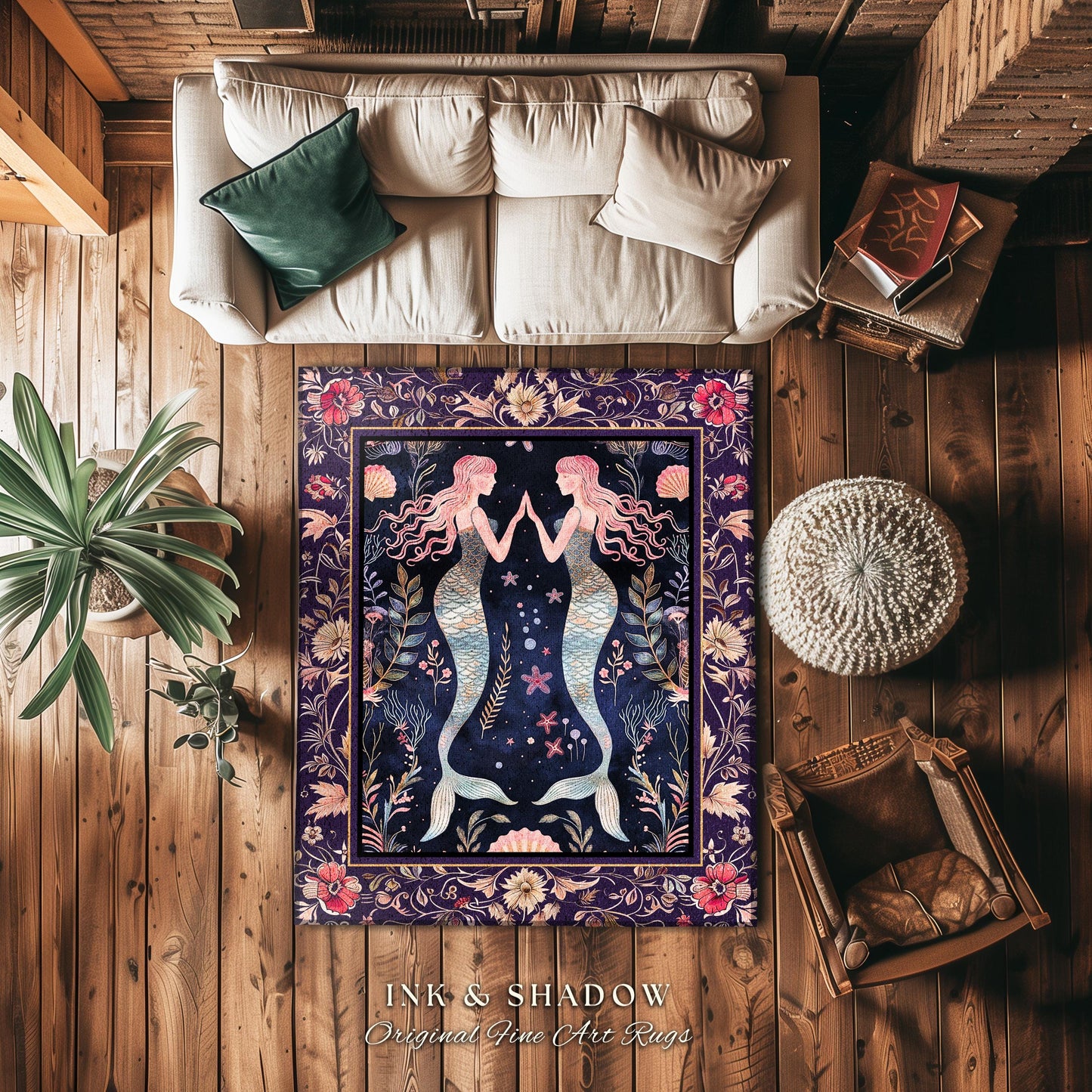 Retro Art Deco Mermaid Art Rug Whimsical Coastal Cottagecore Vintage Floral Aesthetic Purple Decor, Enchanted Underwater Fantasy Sea Scene