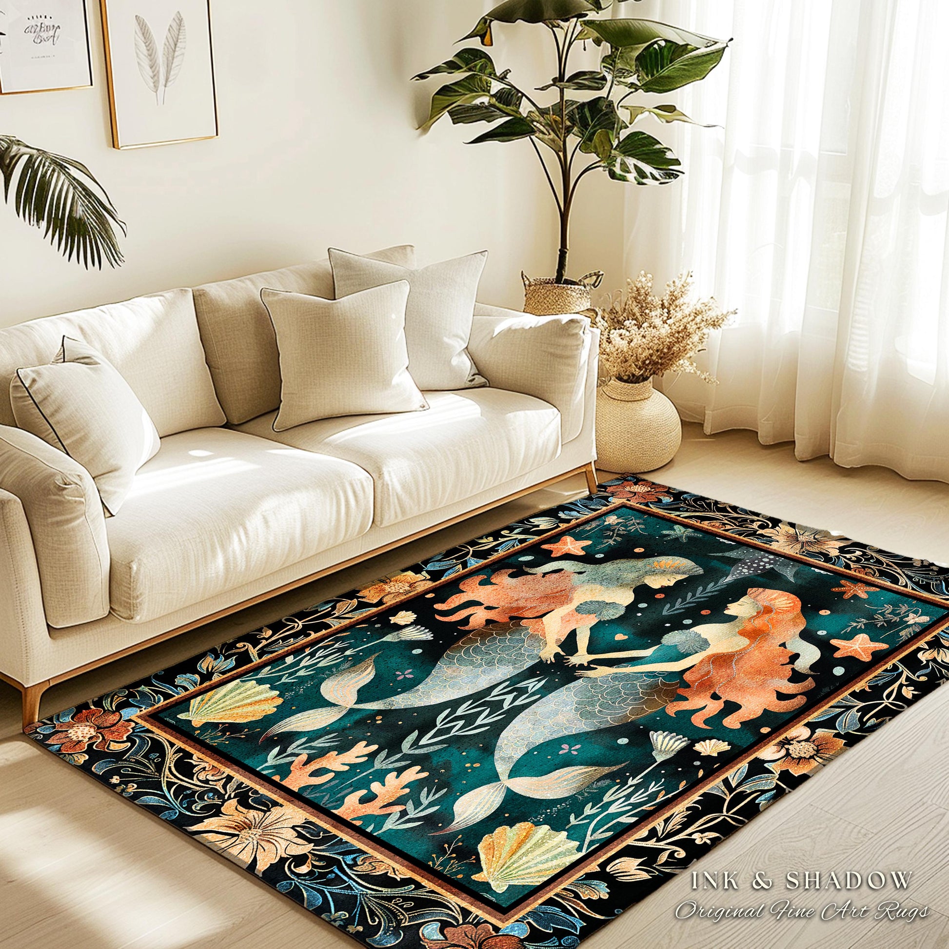 Whimsical Art Nouveau Mermaid Rug Costal Cottagecore Enchanted Underwater Ocean Folklore Decor Mystical Sea Nymph Nautical Marine Life Scene