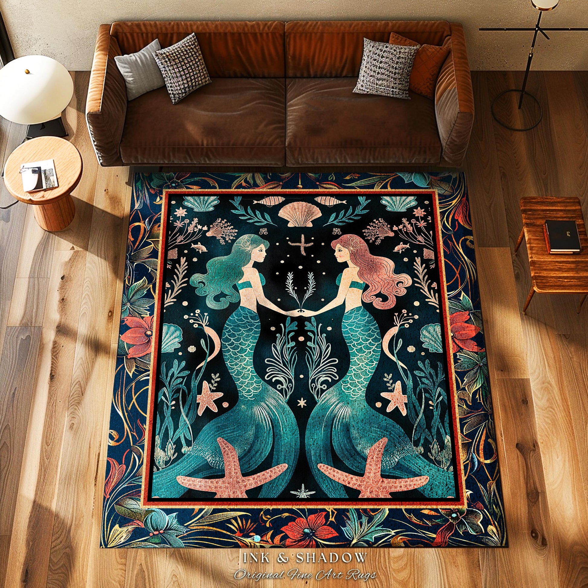 Ethereal Art Nouveau Sea Nymph Rug Whimsical Dark Academia Coastal Decor | Mystical Mermaid Cottagecore Enchanted Ocean Vintage Folklore Rug