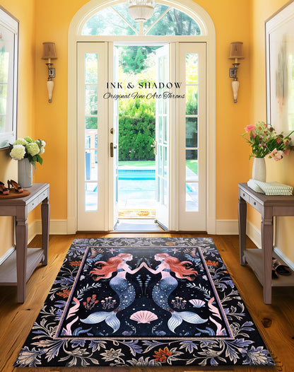Ocean Sea Nymph Rug Art Nouveau Mystical Mermaid Underwater Decor, Whimsical Coastal Cottagecore Enchanted Dark Oceanic Fantasy Folklore Rug