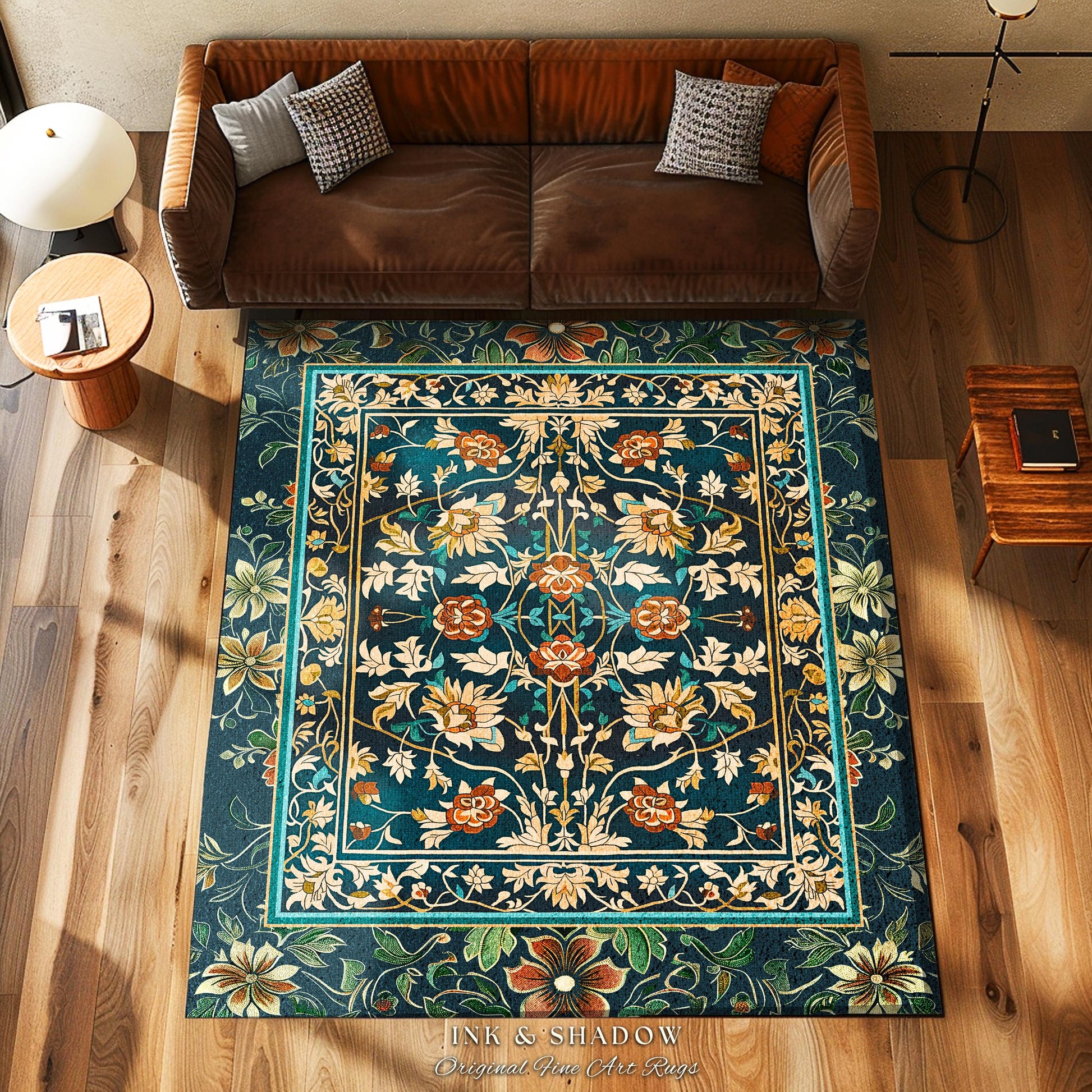 Timeless Ornate Floral Area Rug | Elegant Victorian Revivalist Wildflower Accent Rug for Living Room Dark Floral Teal Blue Royal Cottagecore