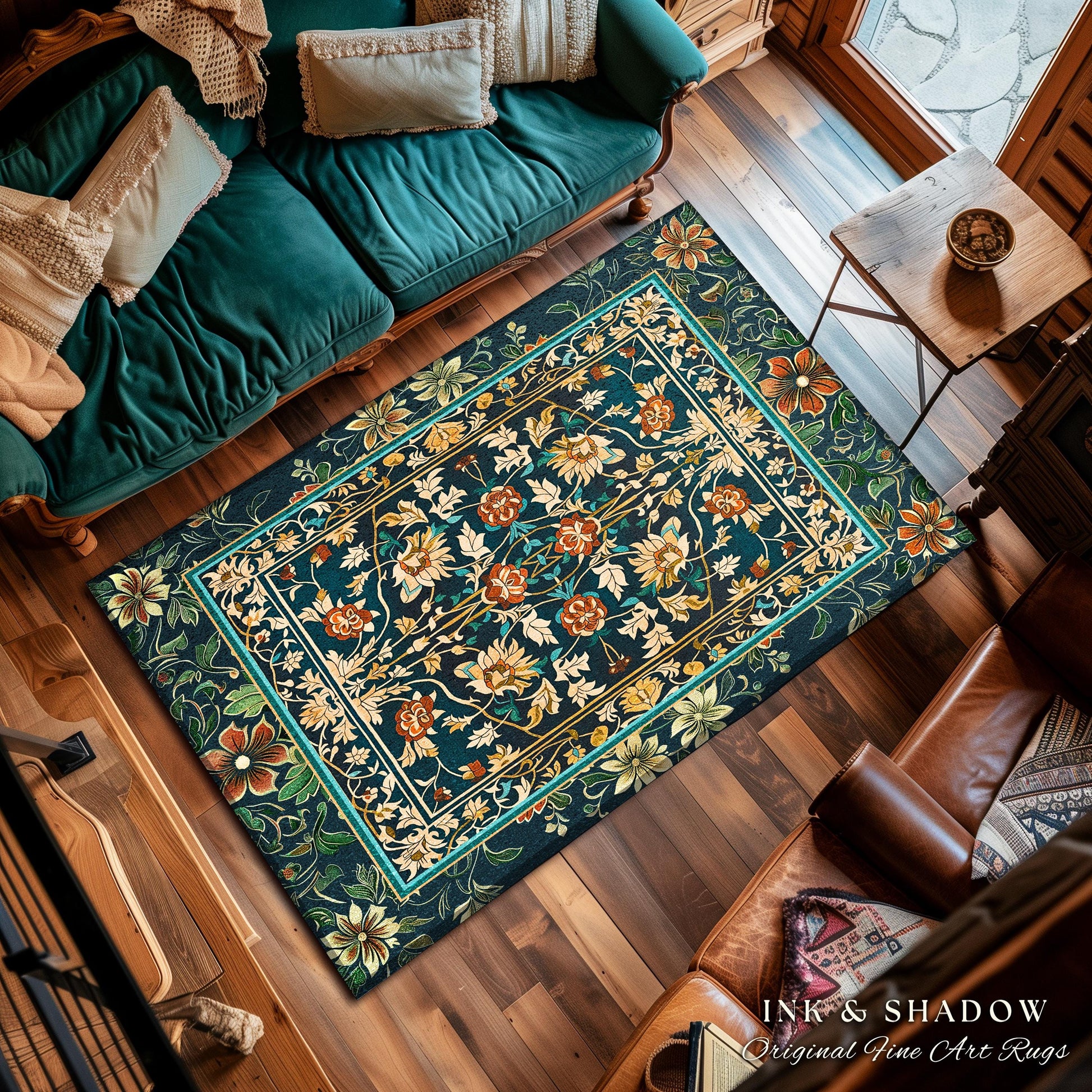 Timeless Ornate Floral Area Rug | Elegant Victorian Revivalist Wildflower Accent Rug for Living Room Dark Floral Teal Blue Royal Cottagecore