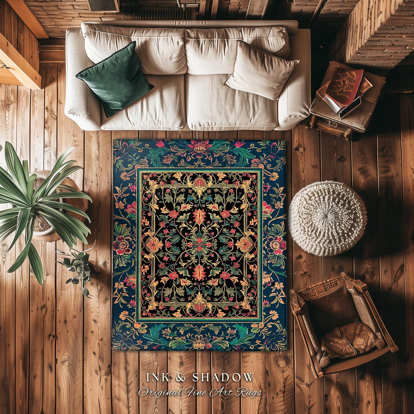 Dark Academia Busy Botanical Rug | Folklore Aesthetic Floral Renaissance Antique Ethereal Maximalist Decor Baroque Pattern Moody Accent Rug